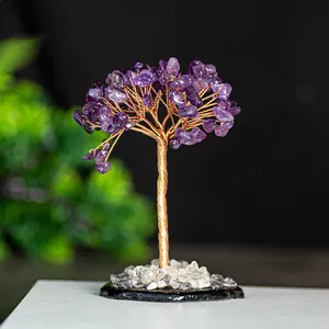 Detailed macro shot of purple crystal money tree with handcrafted copper wire branches