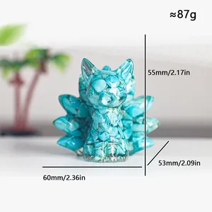 Resin crystal nine-tailed fox figurine with turquoise stones and size measurements
