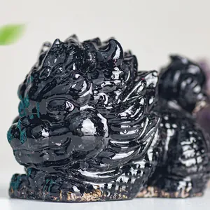 Handcrafted black resin crystal dragon turtle statue, traditional Chinese mythical mascot