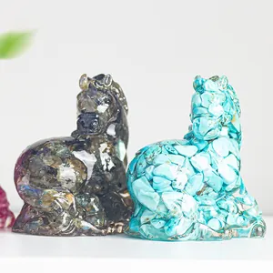 Detailed close-up of resin horse statues filled with natural crystals and gemstones