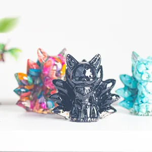 Nine-tailed fox resin crystal statue, handmade mythical pet ornament for desk decoration
