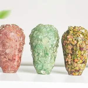Detailed trio of resin cabbage figurines with pink, green and mixed natural crystals