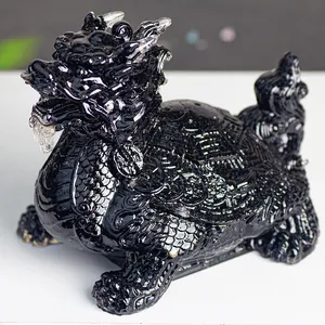 Exquisite black resin dragon turtle statue with sparkling crystals and coin patterns