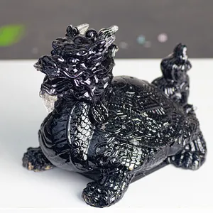 Dragon Turtle Resin Statue Natural Crystal Filled Feng Shui Ornament Lucky Wealth Figurine For Home Office Decoration