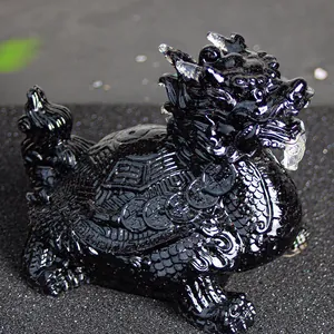 Macro detail of obsidian dragon turtle with bagua pattern and intricate scale carvings