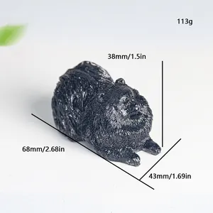Black resin Pomeranian dog figurine with natural crystal fill and detailed dimensions