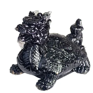 Handcrafted black resin Longgui dragon turtle statue with polished crystal details