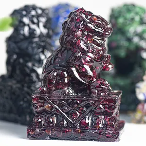 Macro detail of purple resin crystal stone lion statue with antique base patterns