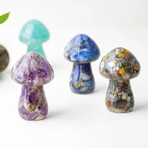 Resin mushroom figurines with natural crystals for home decoration and crystal sculptures