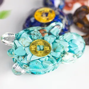 Resin crystal turtle figurine with turquoise stones and golden coin for good luck decor
