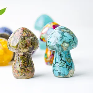 Detail of mushroom resin figurines filled with natural crushed crystals and gemstones