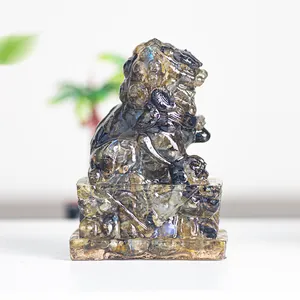 Close-up of a resin crystal guardian lion statue with translucent amber and grey texture