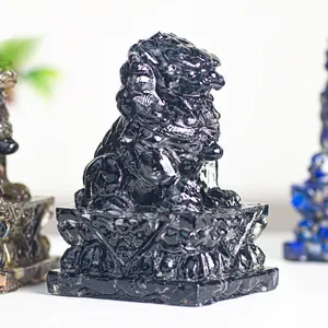 Macro shot of detailed black crystal lion sculpture with intricate base carvings