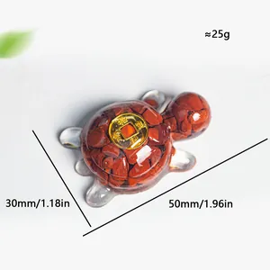 Resin turtle sculpture with natural red stones and golden coin for home decor