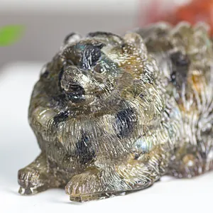 Pomeranian dog figurine carved from iridescent labradorite gemstone for home decor