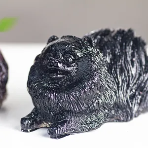 Natural Crystal Filled Resin Pomeranian Dog Figurine Hand Carved Animal Sculpture Mini Puppy Statue For Home Office Desk Decor Ornament Gift