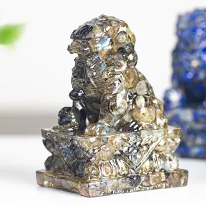 Resin Natural Crystal Stone Guardian Lion Pixiu Figurine Chinese Traditional Wealth Beast Statue Desk Ornament Home Decor Gift