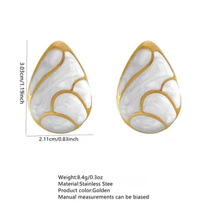 Waterdrop stainless steel earrings with white marble resin inlay and gold borders