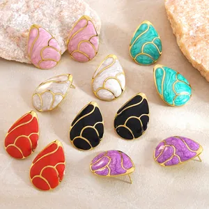 Vintage Stainless Steel Teardrop Stud Earrings Marble Pattern Enamel Gold Plated Geometric Water Drop Earrings For Women