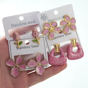 Pink floral and marble drop stainless steel earrings set for women in golden finish