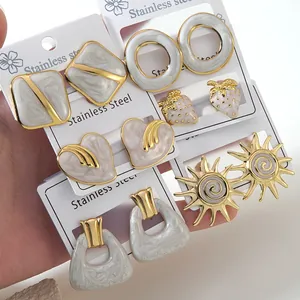 Stainless Steel Flower Starfish Heart Stud Earrings Gold Plated Marble Texture Drip Oil Enamel Light Luxury Fashion Earrings For Women Jewelry
