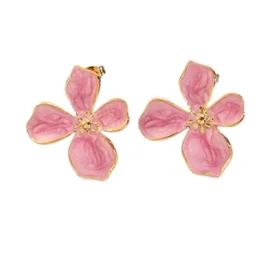 Pink enamel floral stud earrings with gold finish and four-petal flower design
