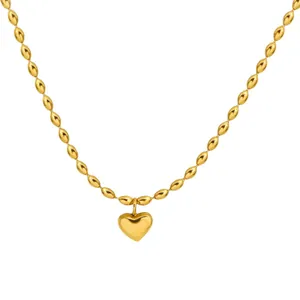 Polished 18k gold plated stainless steel beaded chain necklace with heart pendant