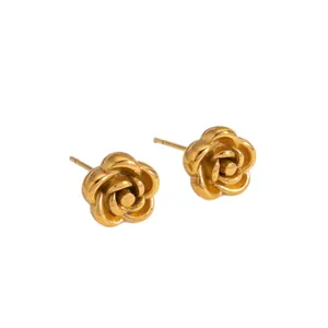 Gold-plated stainless steel flower stud earrings with elegant 3D layered rose design