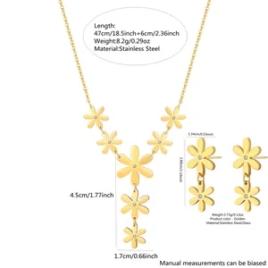 Detail of 18k gold plated stainless steel daisy necklace and earrings jewelry set