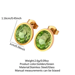 Detail showing 1.16cm green gemstone stainless steel earrings with 18k gold plating