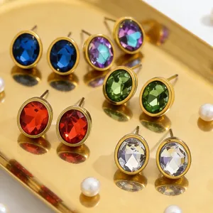 Stainless Steel Geometric Zircon Stud Earrings Gold Plated Oval Colorful Crystal Earrings For Wedding Party Women Jewelry