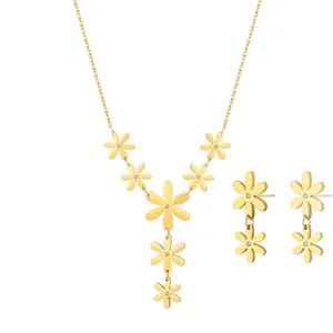 18k gold plated stainless steel daisy necklace and earrings jewelry set for women