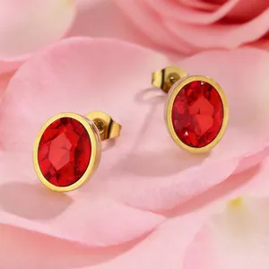Elegant 18k gold plated stainless steel oval red crystal stud earrings for women