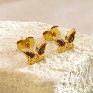 Orecchini a farfalla placcati in oro 18k con zirconi rossi e blu in acciaio 316