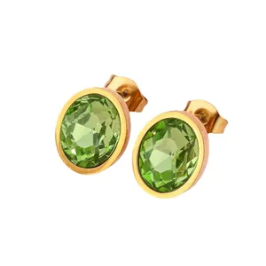 Minimalist 18k gold plated stainless steel stud earrings with green oval zircon stones