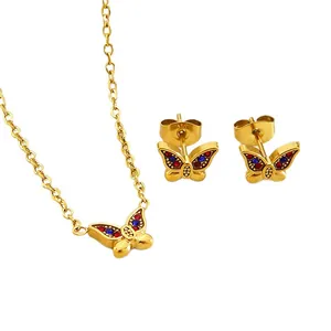Set collana e orecchini a farfalla placcati oro 18k con pietre di zircone colorate