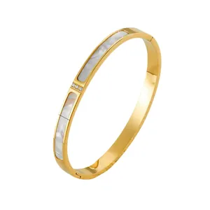Elegant 18k gold-plated stainless steel bangle with mother of pearl and zircon stones
