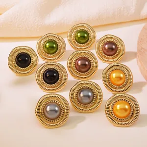 Vintage Edelstahl Runde Knopf Ohrstecker Mit Kunstperle Gold Sonnenstrahl Textur Statement Ohrringe Für Damen
