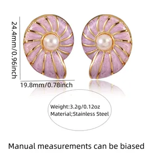 Pink enamel conch stud earrings in stainless steel with white pearl inlay and gold accents