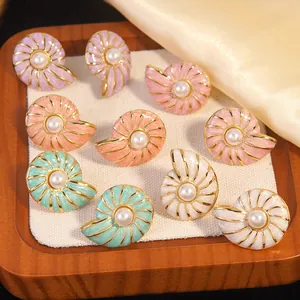 French Vintage Stainless Steel Enamel Shell Conch Stud Earrings For Women Colorful Oil Drip Earrings With Faux Artificial Pearl
