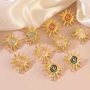 Vintage Sun Shaped Enamel 304 Stainless Steel Stud Earrings Elegant Gold Plated Spiral Pattern For Women Fashion Jewelry