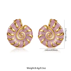 Pink enamel conch earrings in gold-plated stainless steel with snail shell design