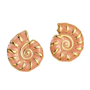 Golden stainless steel conch shell earrings with pearly pink enamel inlay for women