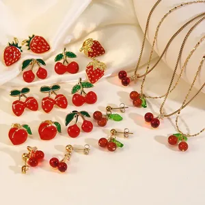 Dolce Gioielli a Forma di Frutta in Acciaio Inossidabile Ciliegia Fragola Pesca Collana E Orecchini Placcato Oro Smalto