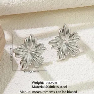 Detailed view of silver stainless steel flower earrings with 2.27cm size measurement