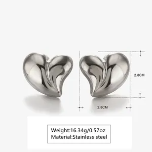 Detailed size chart of mirror-polished silver heart stud earrings in stainless steel