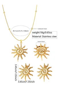 Detailed size specifications for the gold stainless steel sun pendant jewelry set