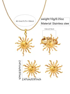 Detailed technical view of stainless steel sun jewelry set showing dimensions and weight