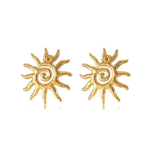 Golden stainless steel sun earrings with hammered texture and spiral center design
