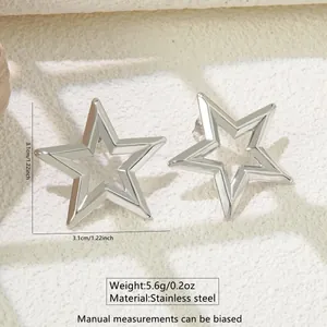 Macro detail of silver stainless steel star earrings with dimensions and weight info